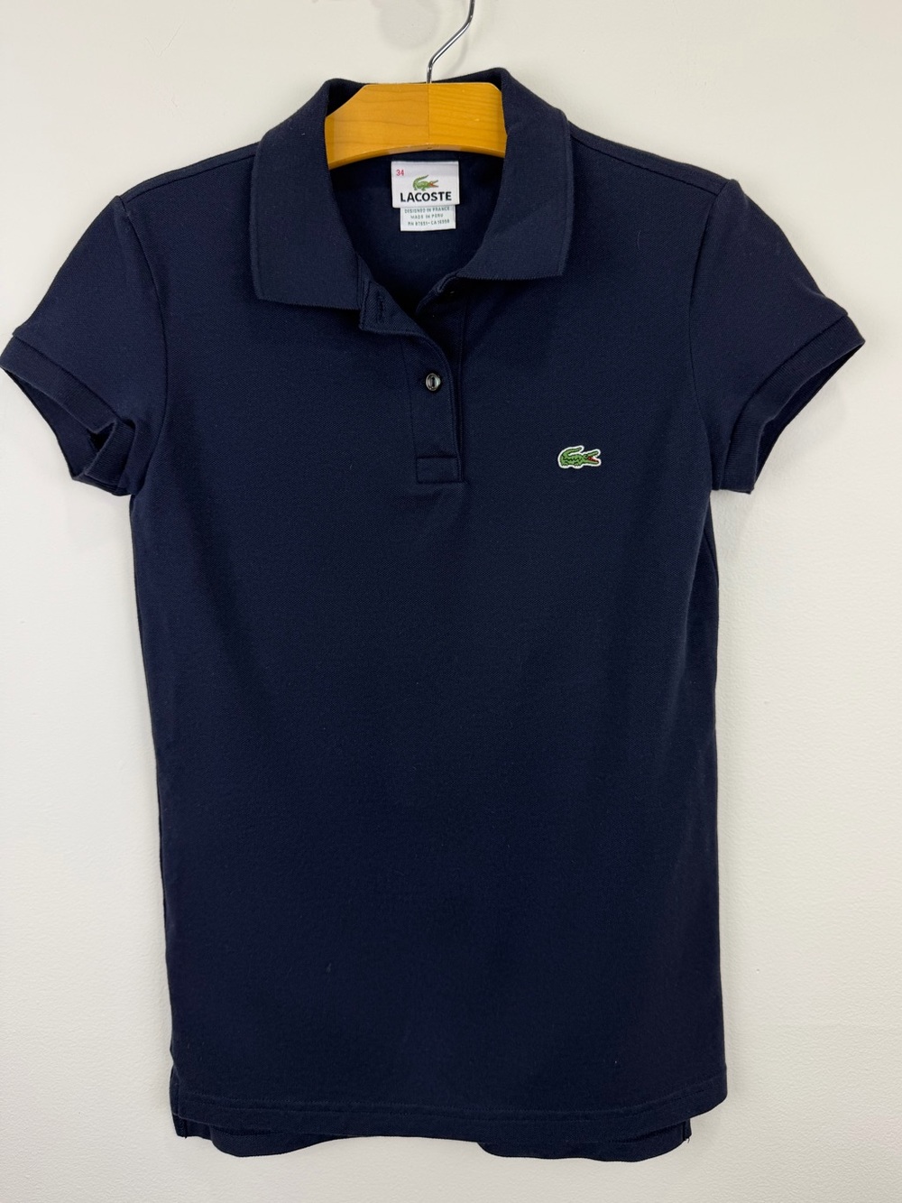Lacoste Women’s Navy Stretch Cotton Piqué Polo Shirt Size 34 US 2 XS